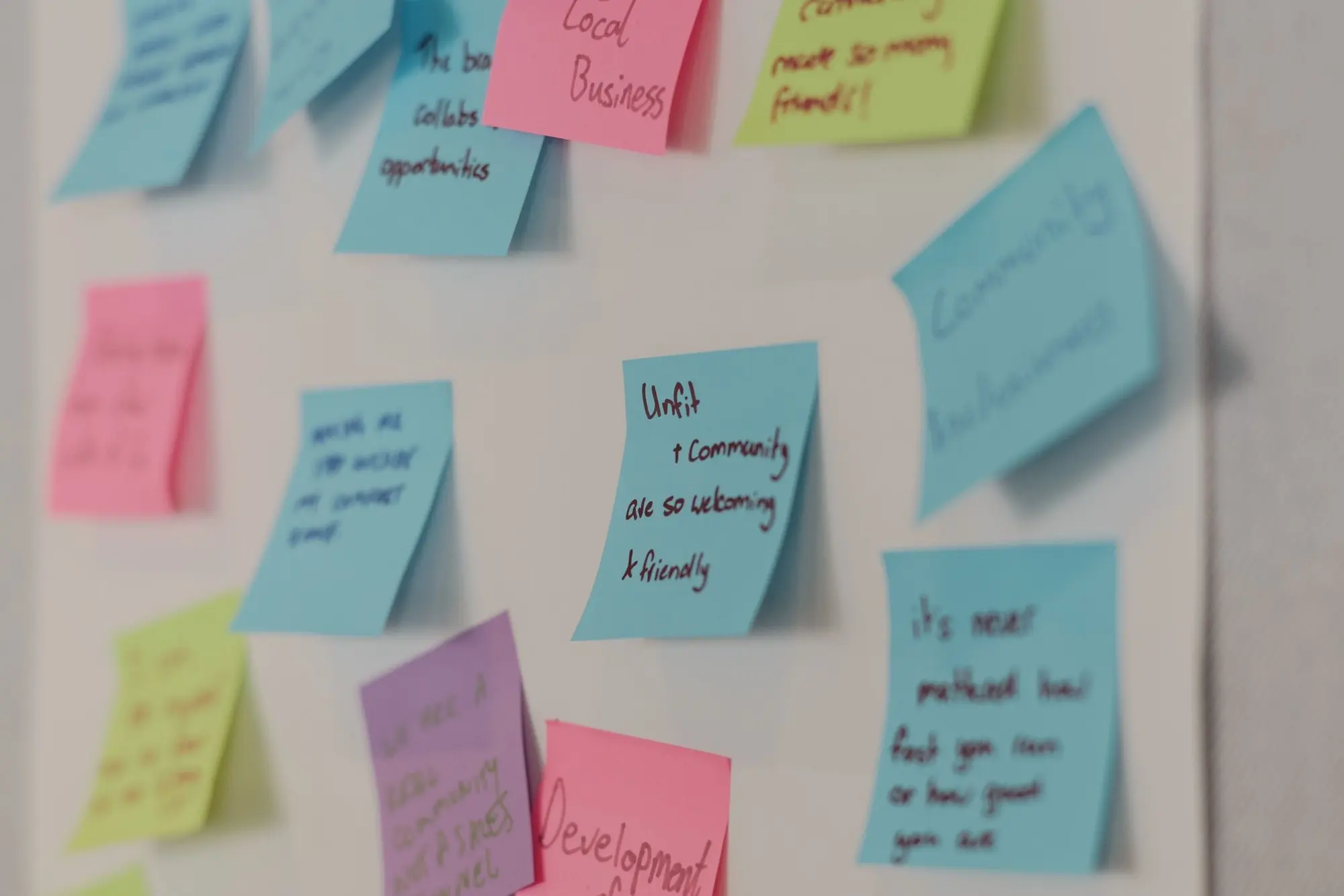 Notes from a workshop session pinned to a wall